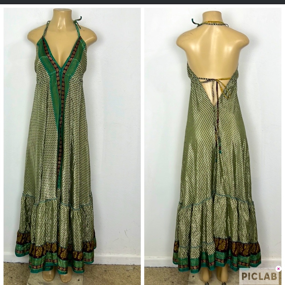 INDIAN BOUTIQUE BOHEMIAN GREEN RUFFLE BACK CUT OUT MAXI DRESS